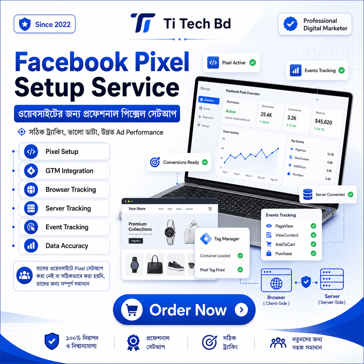Facebook Pixel Setup Service – GTM এর মাধ্যমে Professional Browser & Server-Side Tracking Setup